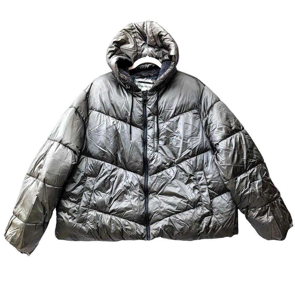 Ava Viv Puffer Jacket Short 1X Plus Winter Hood Coat Faux Fur Full Zip Gray Cozy